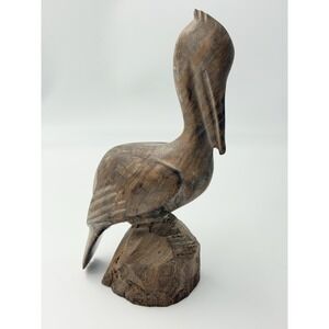 Hand Carved Wood Pelican Bird Sculpture Coastal Beach Decor Folk Art Statue 14"